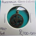 AUSTRALIA 1910 6d SILVER **COIN CUT OUT ART - MOUNTED AS PENDANT - SILVER @@@ R1 START @@@ SEE PICS