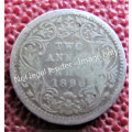 BRITISH INDIA 2 ANNAS 1890 ** SILVER COIN ** R1 START SCARCE COIN