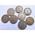Germany Early 1900`s 5 Pfennig Lot of 8 x coins - all for 1 bid