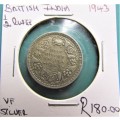India 1943 Half Rupee Silver Coin