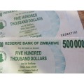 Zimbabwe $500 000 Bearer Cheque note - Close Numbers