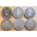 6 x 1947 Southern Rhodesia 1 Shilling Coins - 1 Bid for all