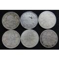 6 X ZAR 6d Sixpence Silver Coins - 1 Bid for All 6