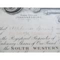 South Western Exploration , Johannesburg Share certificate  , 1911