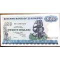 Zimbabwe $20 Dollars - Short neck Bird Harare 1983