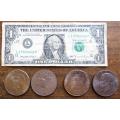 USA Dollar Note + 4 x $1 Coins - Comemmorative - 1 Bid for All