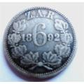 1892 ZAR Sixpence 6d Silver Coin
