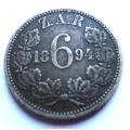 1894 ZAR Sixpence 6d Silver Coin