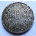 1897 ZAR 6d Sixpence Silver Coin R1 START
