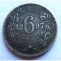 1897 ZAR 6d Sixpence Silver Coin