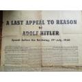 Hitler`s Last Appeal to Reason`` Propoganda Plane Drop Newspaper - Very Scarce