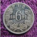 1897 ZAR 6d Sixpence Silver Coin