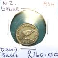 1934 New Zealand SILVER Sixpence 6d