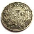 ZAR  1895 3d Three pence tiekie 0.925 Silver Coin