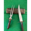 VINTAGE CARVING KNIFE FORK SET WOOD SHEATH WITH BRASS ENGRAVED `INDIA`