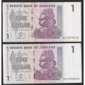 Zimbabwe - 2007 - $1 Dollar Dollars Gono - Circulated - Range AE - 2 Notes in Sequence