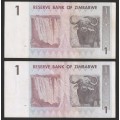 Zimbabwe - 2007 - $1 Dollar Dollars Gono - Circulated - Range AE - 2 Notes in Sequence