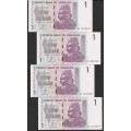 Zimbabwe - 2007 - $1 Dollar Dollars Gono - Circulated - Range AE - 4 Notes in Sequence