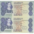 2 X SOUTH AFRICA TWO RANDS IN SEQUENCE - GPCDE KOCK - GG - 3 RD ISSUE 1983-89 - XF