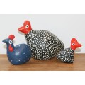 Lot of 3 Hand Made Hand Painted Stoneware Guineafowl