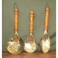 Set of 3 Brass and Wood Kitchen Utensils with Copper Rivets