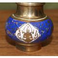 Vintage Oriental Enamel and Brass Salt and Pepper Set with Toothpick Holder on Tray