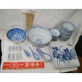 39 Piece Chinese Porcelain Dinner Service 8 Place settings, Box of Vintage Chopsticks, Bamboo Skewer