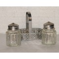 Vintage Pierced Metal Salt and Pepper Stand with Bottles @@@ CCCRRRAAAZZZYYY R1 START
