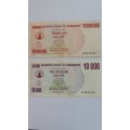 Zimbabwe 10 000 000 Dollars 2008 Prefix AE & 10 000  Dollars 2007 Prefix AF *2 x bank notes*