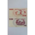 Zimbabwe 10 000 000 Dollars 2008 Prefix AE & 10 000  Dollars 2007 Prefix AF *2 x bank notes*