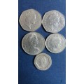 United Kingdom 1997 & 2002 50 pence, 1996 20 pence  & 1969 & 2007 10 pence *5 x coins*