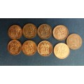 South Africa 1992 - 1999 & 2001 2c * 9 x coins*