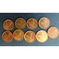 South Africa 1992 - 1999 & 2001 2c * 9 x coins*