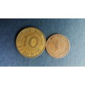 Germany 1968 10 pfennig & 1950 1 pfennig * 2 x coins*