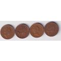 4X GREAT BRITAIN ONE PENNY 1986/7/8/9 KM#897 BRONZE - SEE SCANS
