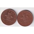 2 GREAT BRITAIN NEW 2 PENCE 1994/95 KM#936a  Copper Plated Steel.- SEE SCANS