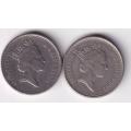 2 GREAT BRITAIN 5 PENCE 1996/7 KM#937b  Copper Nickel - SEE SCANS