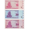 3 X ZIMBABWE BANKNOTES 10, 20, 50 DOLLARS 2009 P94, P95, P96 UNC