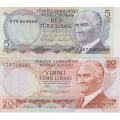 2 x Turkey Banknotes 5 & 20 Lira  1970 UNC ATATURK
