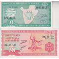 2 x Burundi Banknotes, 10 & 20 Francs UNC