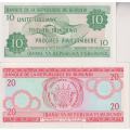 2 x Burundi Banknotes, 10 & 20 Francs UNC