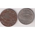 2 x IRELAND 1965 - 1 Penny & 2 shillings -  KM11, KM15a