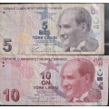 2 X Turkey Banknotes 5 & 10 lire 2009 P-222/223  VF