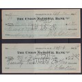 STARTING @ R1 - 2 USED CHEQUES WITH PERFINS - UNION NATIONAL BANK, USA - 1925