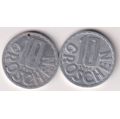 2 X AUSTRIA COINS 1964/1966 - 10 GROSCHEN  km2878 (ALUMINIUM)