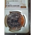 NGC SILVER 1 OZ KRUGER RAND NGC SLABBED SP68 50 th anniversary 2017