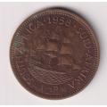 UNION OF SOUTH AFRICA - ½ Penny - QUEEN ELIZABETH II 1958  Bronze