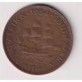 UNION OF SOUTH AFRICA - One Penny - Queen Elizabeth II 1954  Bronze