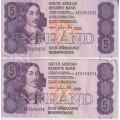 REPUBLIC OF SOUTH AFRICA - 5 RAND Gerhard Kock 2 x sequential banknotes VF