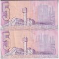 REPUBLIC OF SOUTH AFRICA - 5 RAND Gerhard Kock 2 x sequential banknotes VF